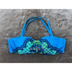 Prana Blue Floral Print Bikini Swim Top Medium Strapless Tie Back